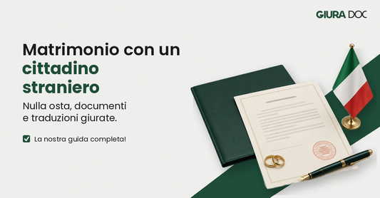 Fedi nuziali, atto di matrimonio timbrato e bandiera italiana da tavolo, per il matrimonio con un cittadino straniero in Italia