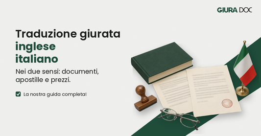 Dizionario verde, due documenti timbrati, occhiali e bandiera italiana da tavolo, per la traduzione giurata inglese-italiano
