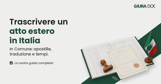Registro di stato civile aperto, atto estero timbrato e bandiera italiana da tavolo, per la trascrizione di un atto estero in Italia